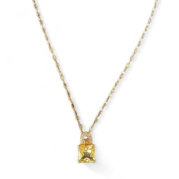 Genuine 18K Real Gold + Yellow Quartz Padlock Chain Necklace Diamonds GIA Tested - Picture 1 of 11